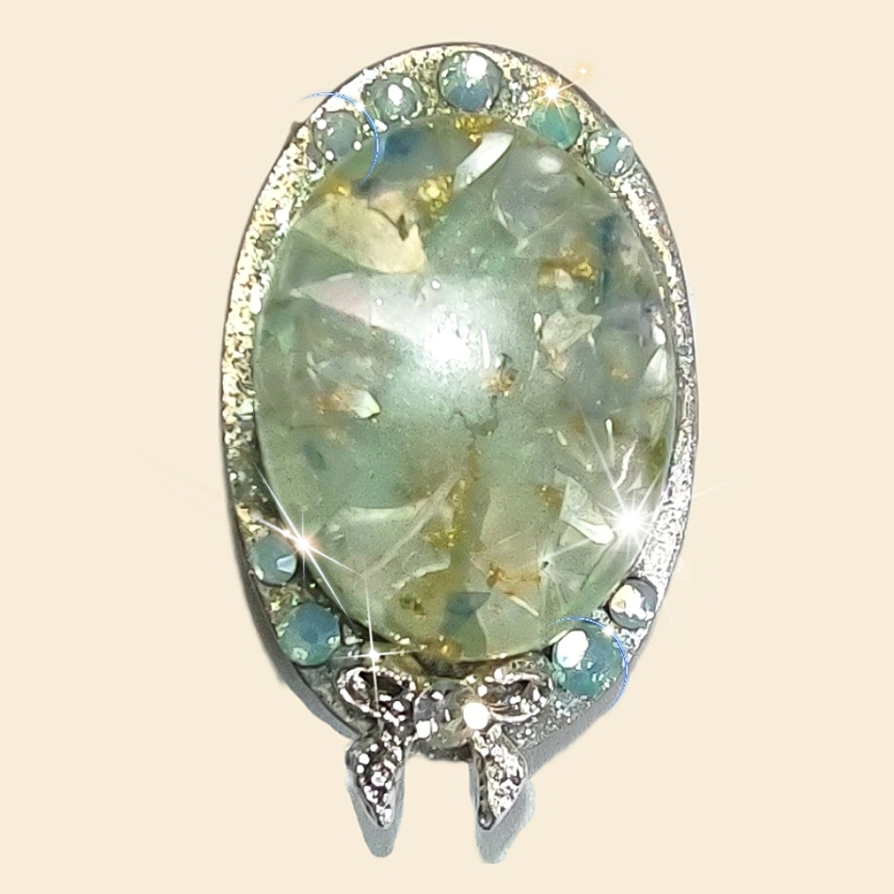 Handcrafted Green Fire Opal Brooch w/Silver Bow